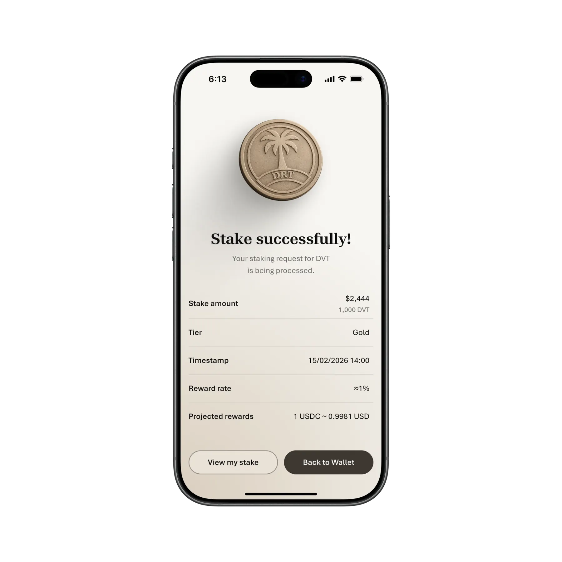 DAOasis app — Stake successfully confirmation with $DVT token