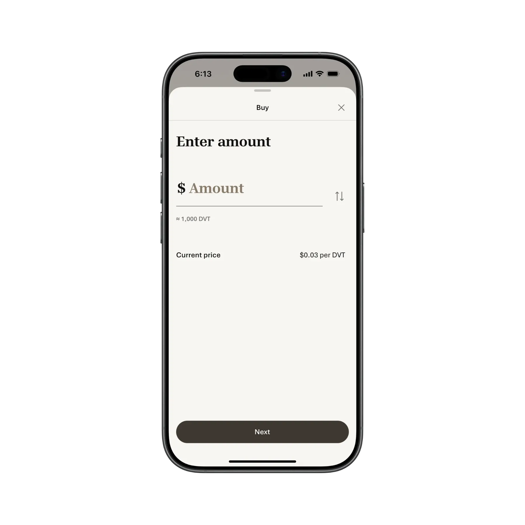 DAOasis app — Buy $DVT enter amount screen