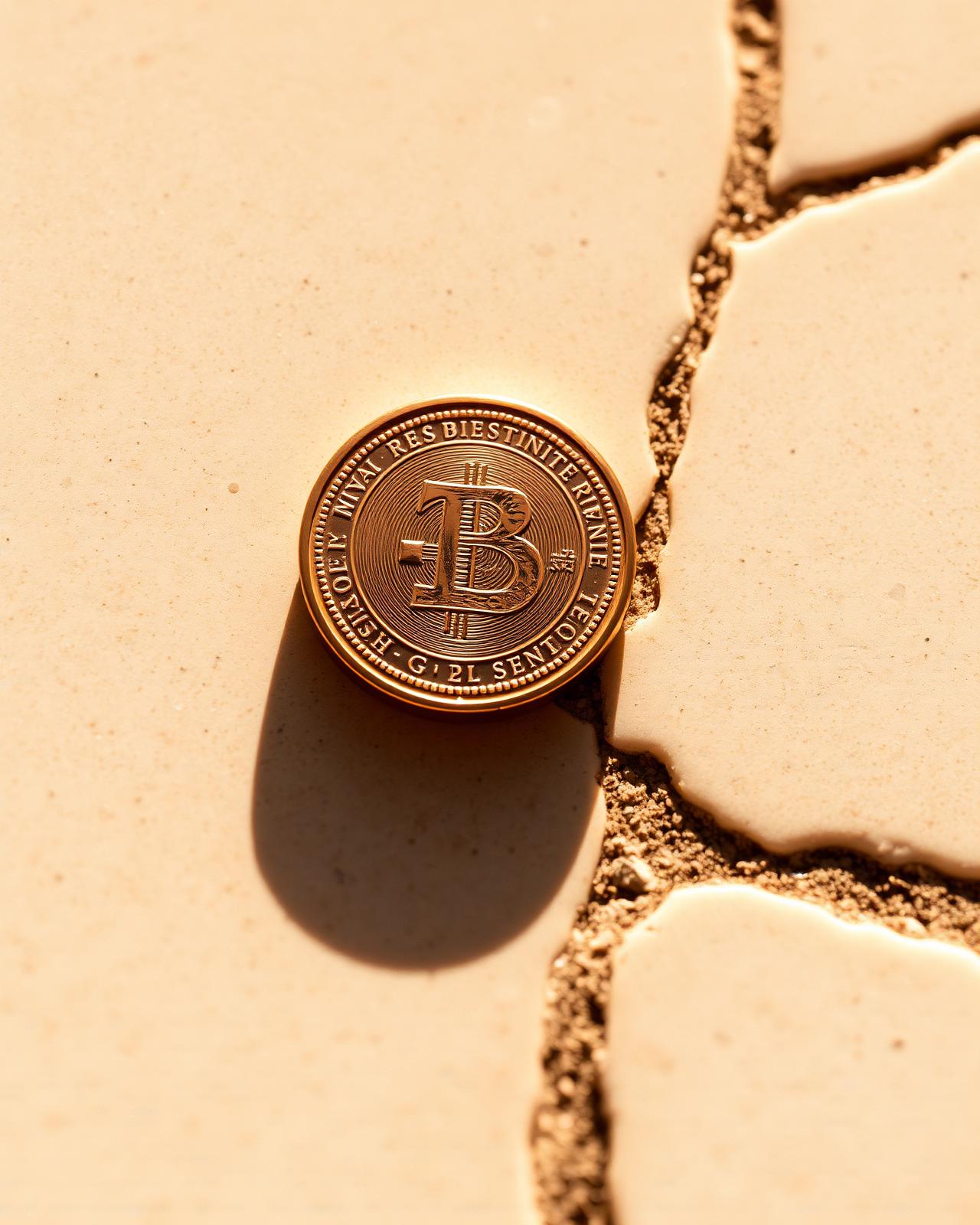 Bronze token resting on warm travertine in directional light