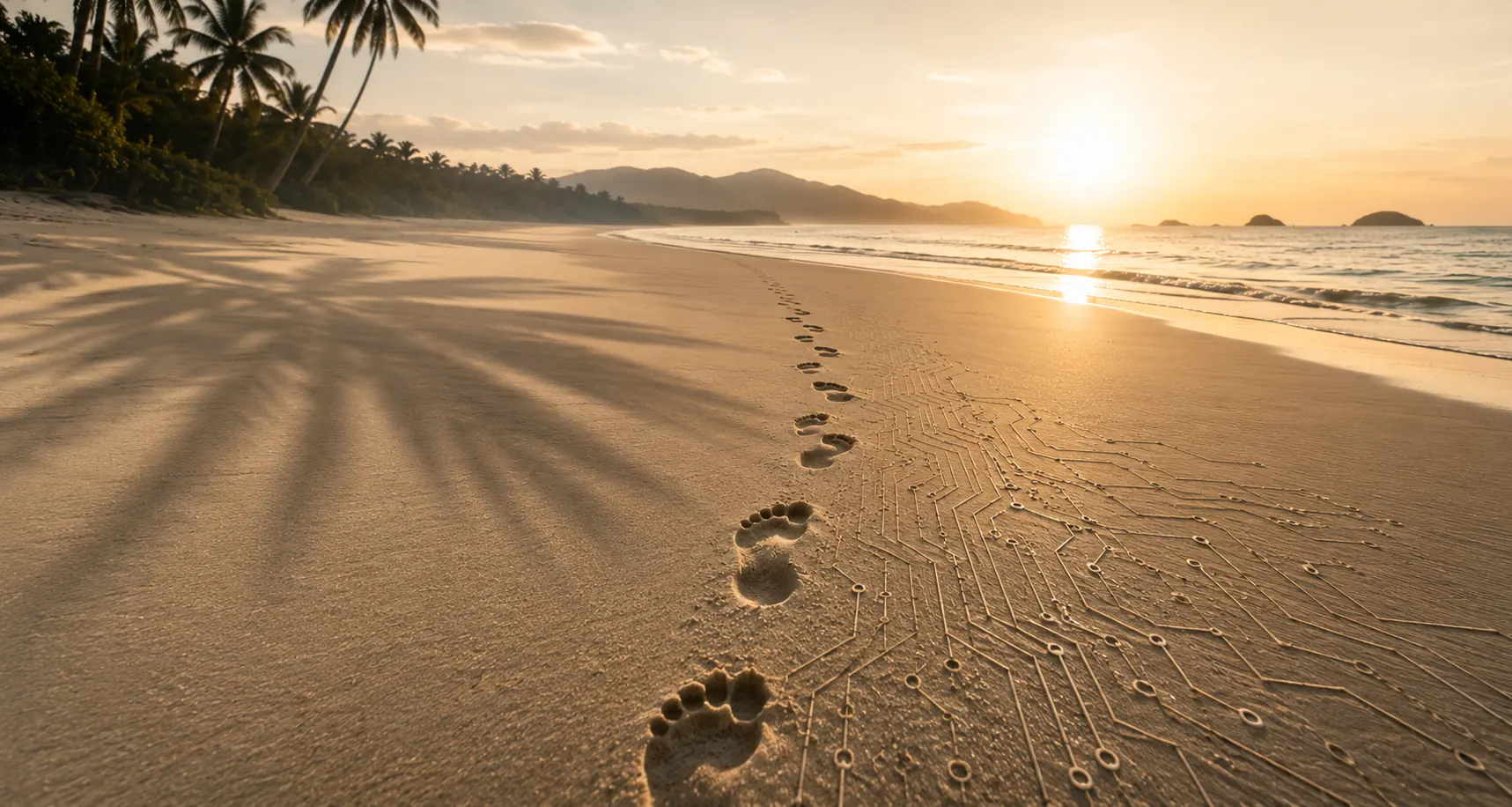 A figure mid-stride on a path transitioning from real terrain into subtly glowing digital ground
