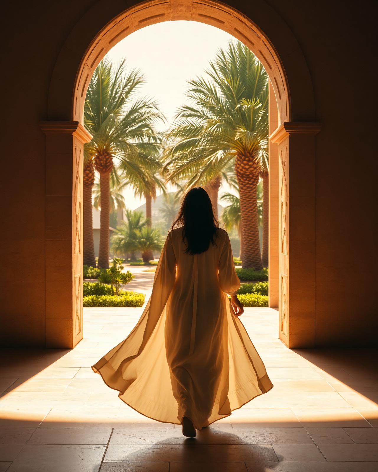 Figure in linen walking toward a sunlit stone archway