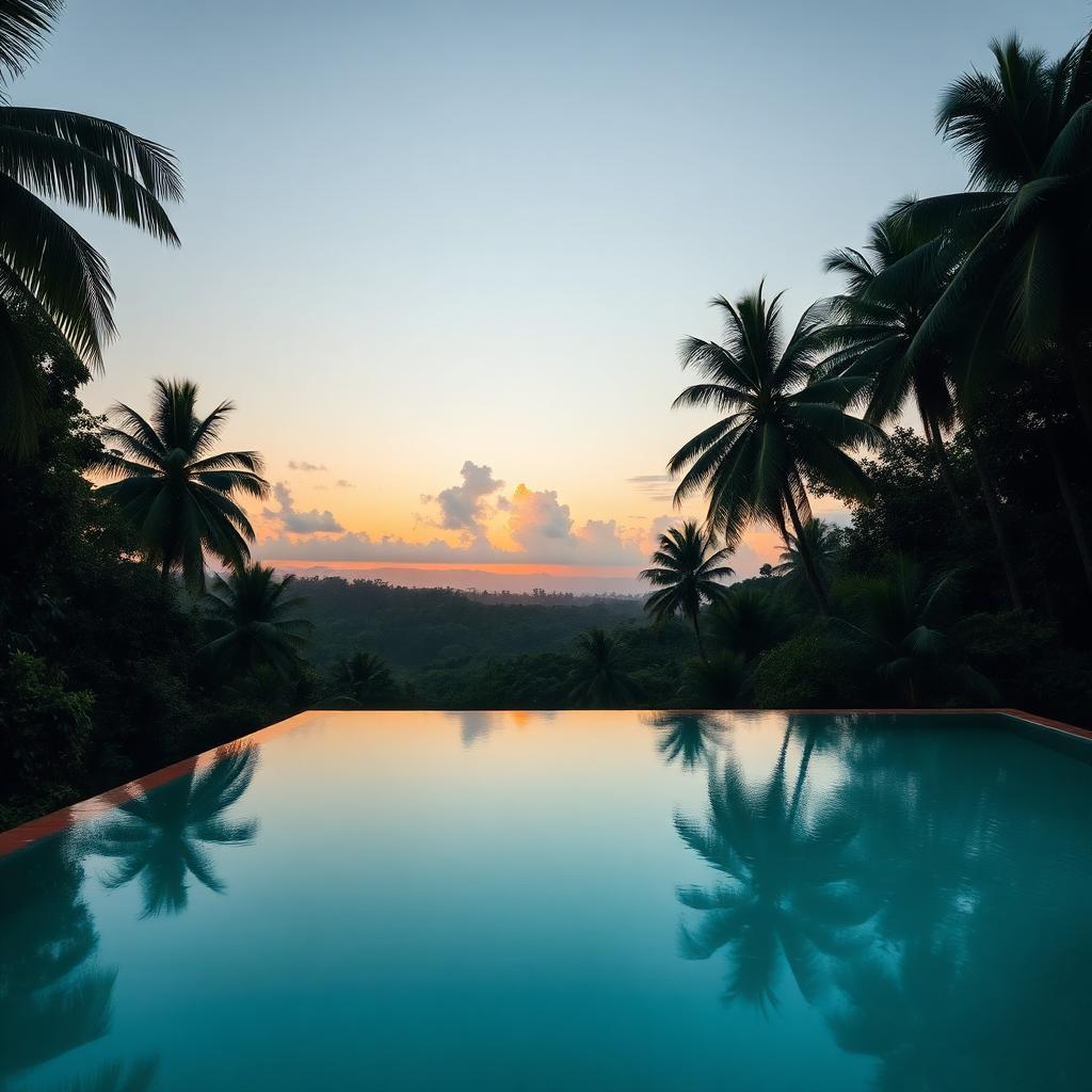 Quiet infinity pool framed by tropical greenery at golden hour