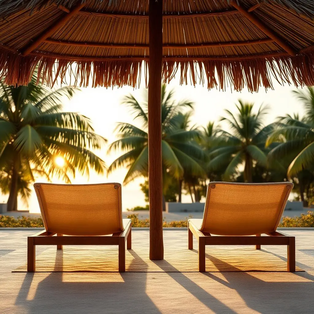 Linen-draped sunbeds in soft afternoon shade