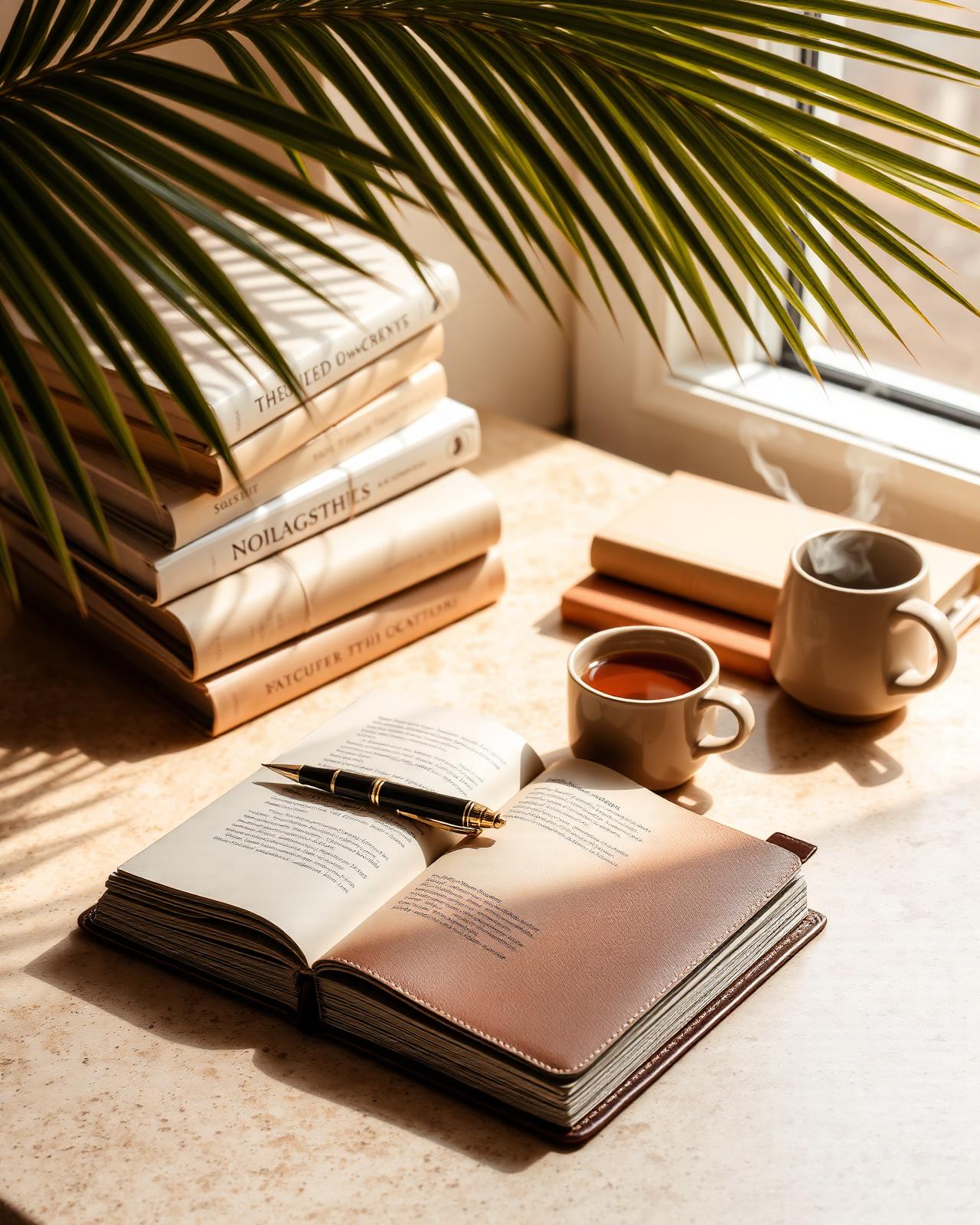 Open journal and ceramic cup on a sunlit stone desk