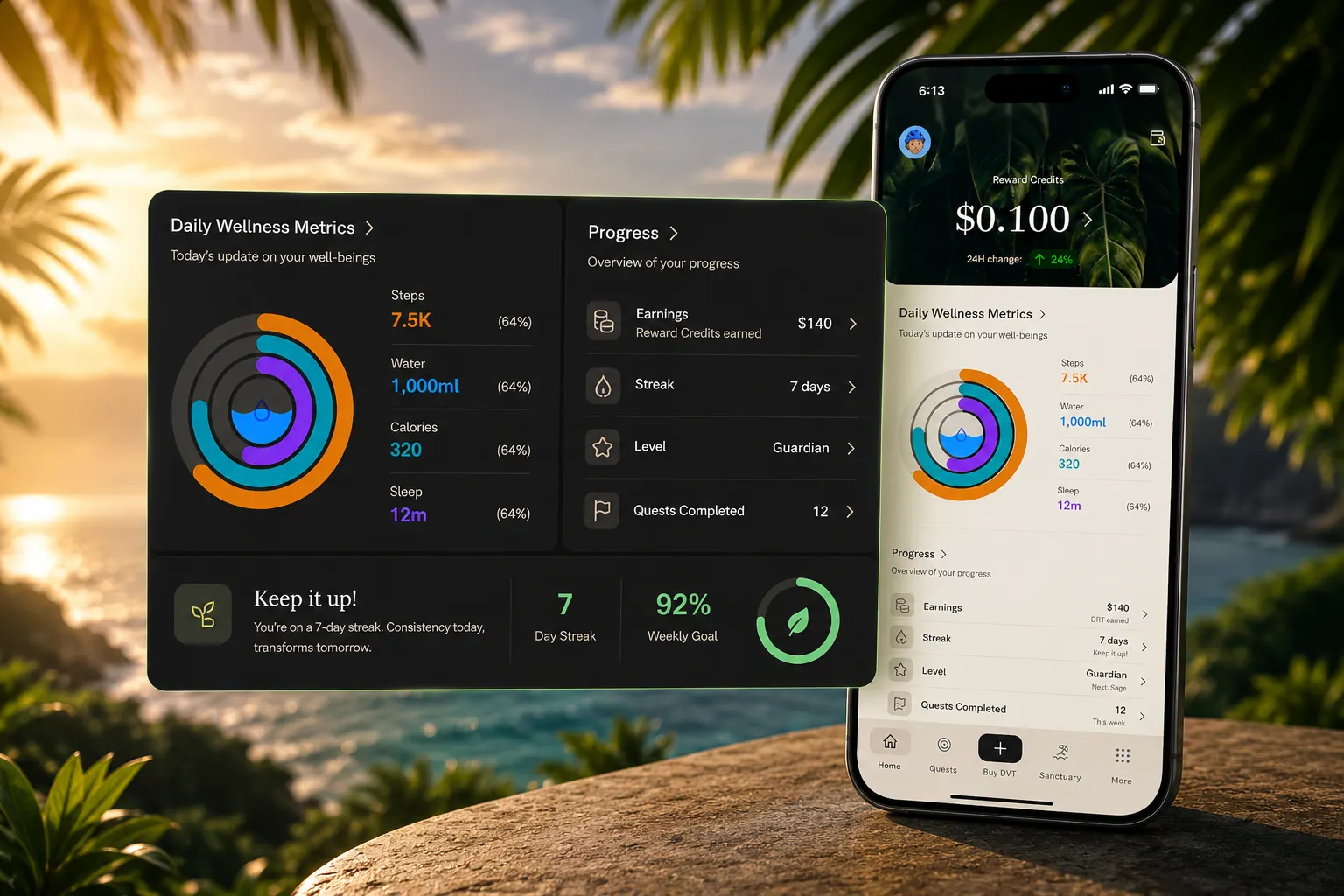 DAOasis Companion App screens showing daily wellness metrics and progress