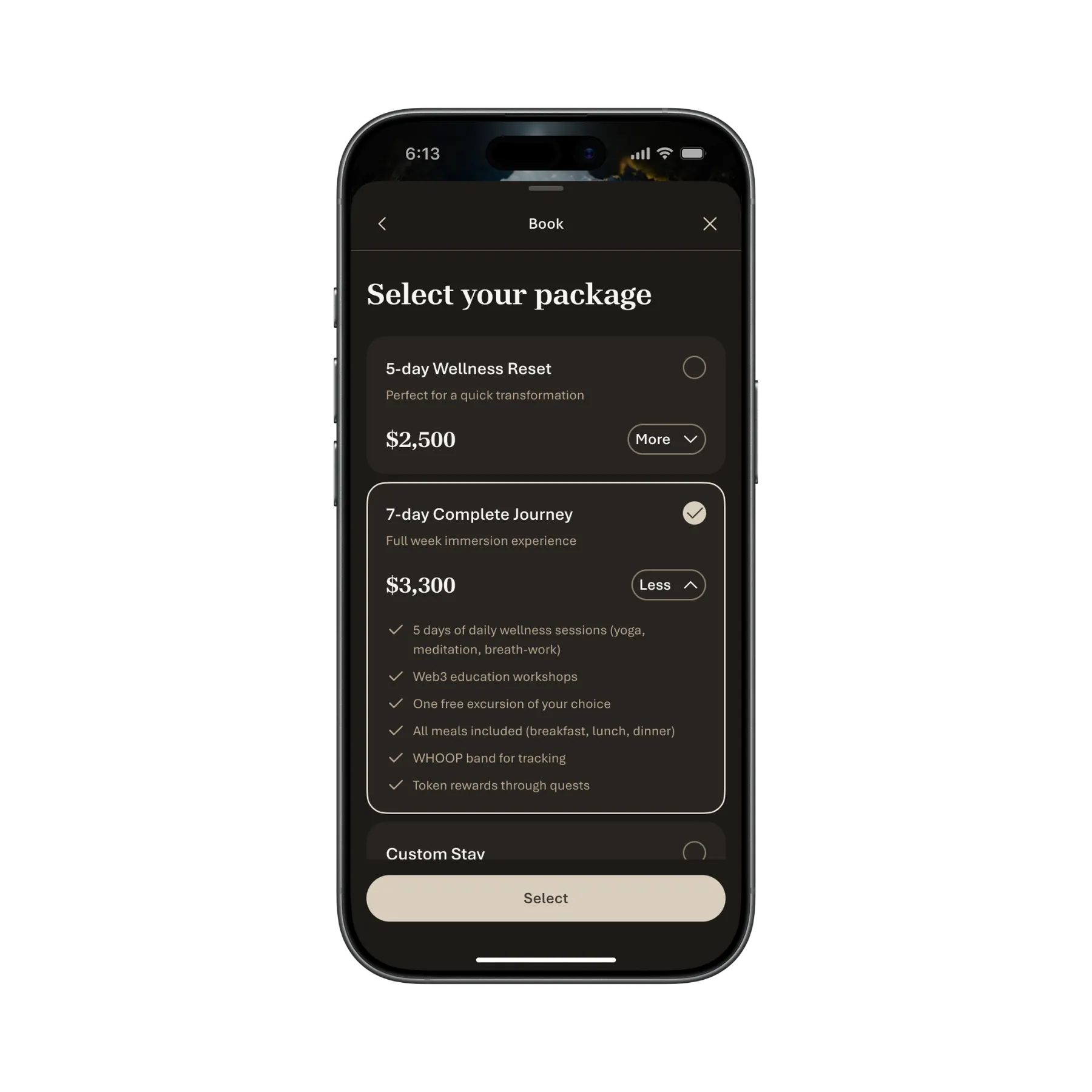 DAOasis — package selection in the booking flow