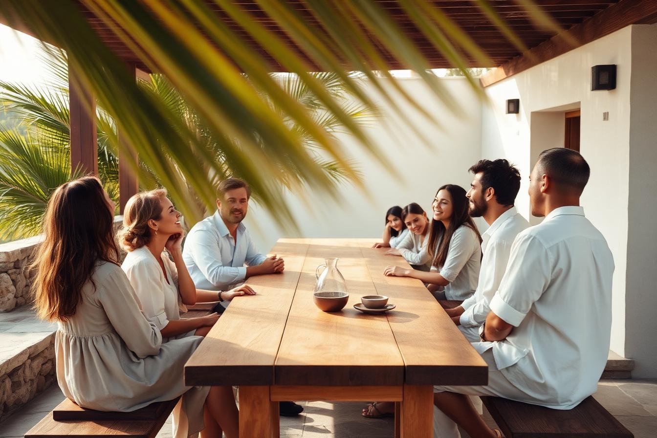 Members in warm evening conversation