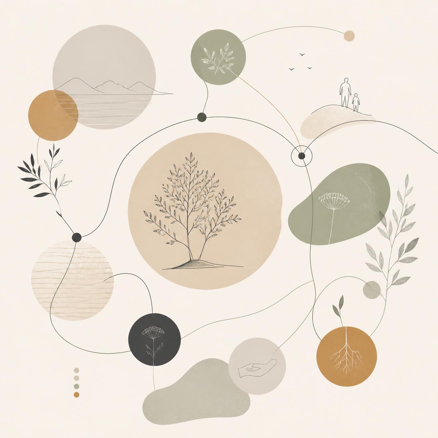 An abstract illustration of connected circles and flowing lines