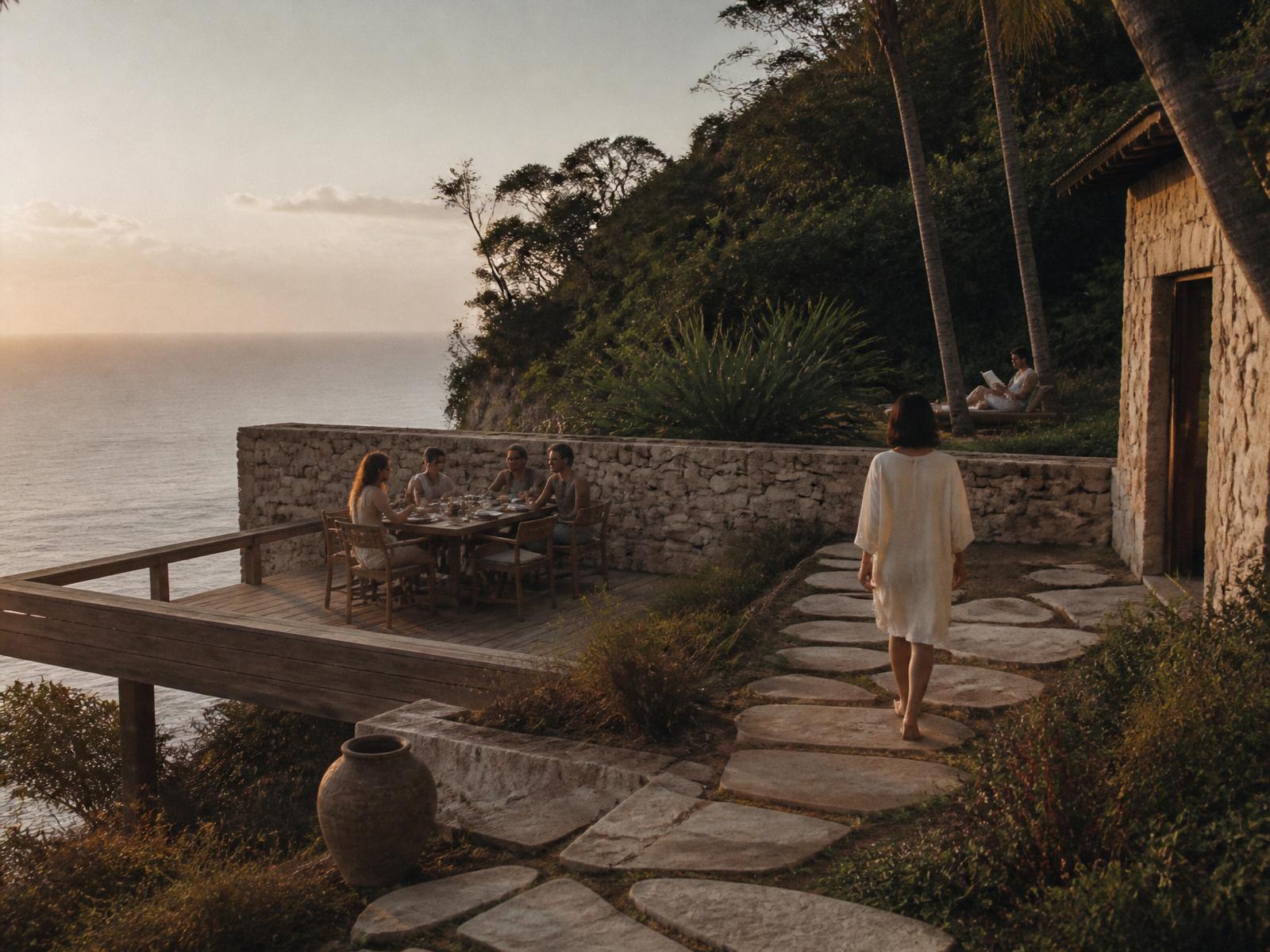 DAOasis Sanctuary — a cliffside gathering at golden hour