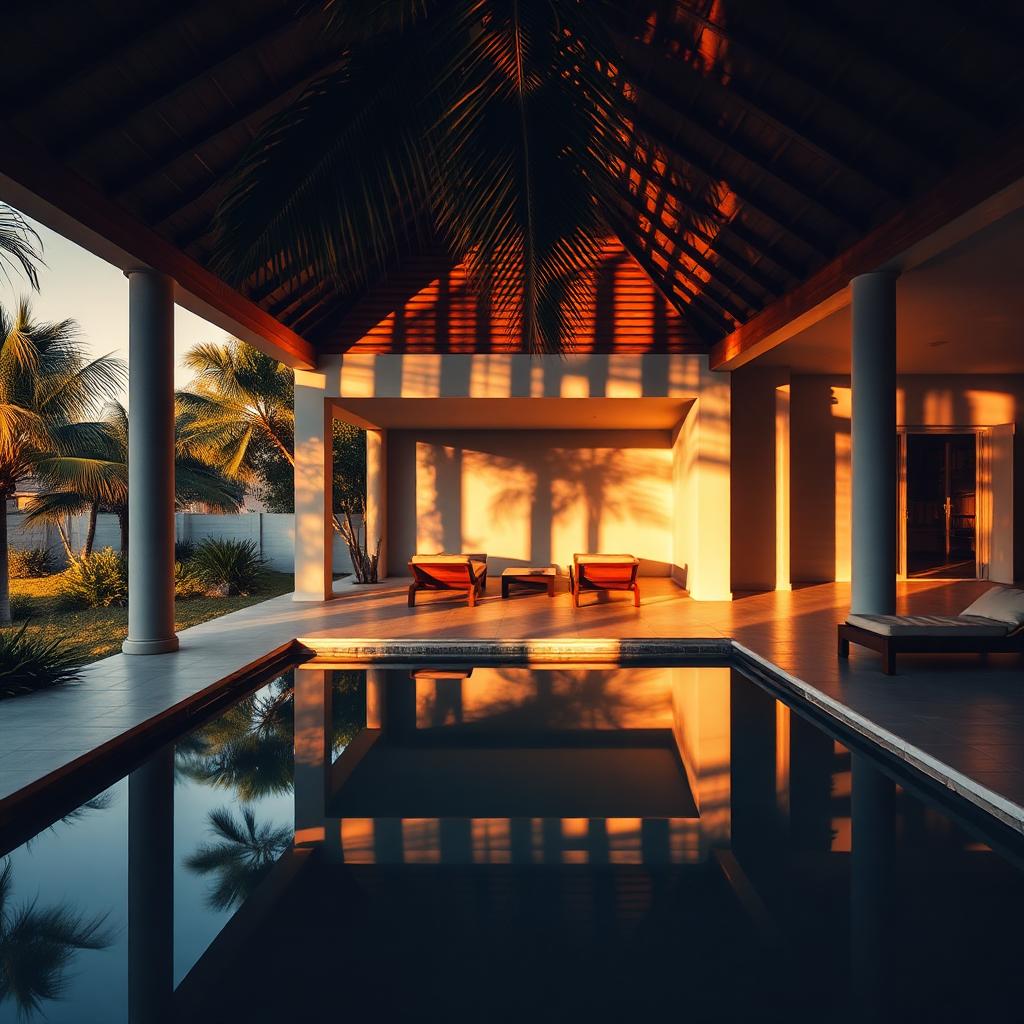Open-air sanctuary pavilion at golden hour