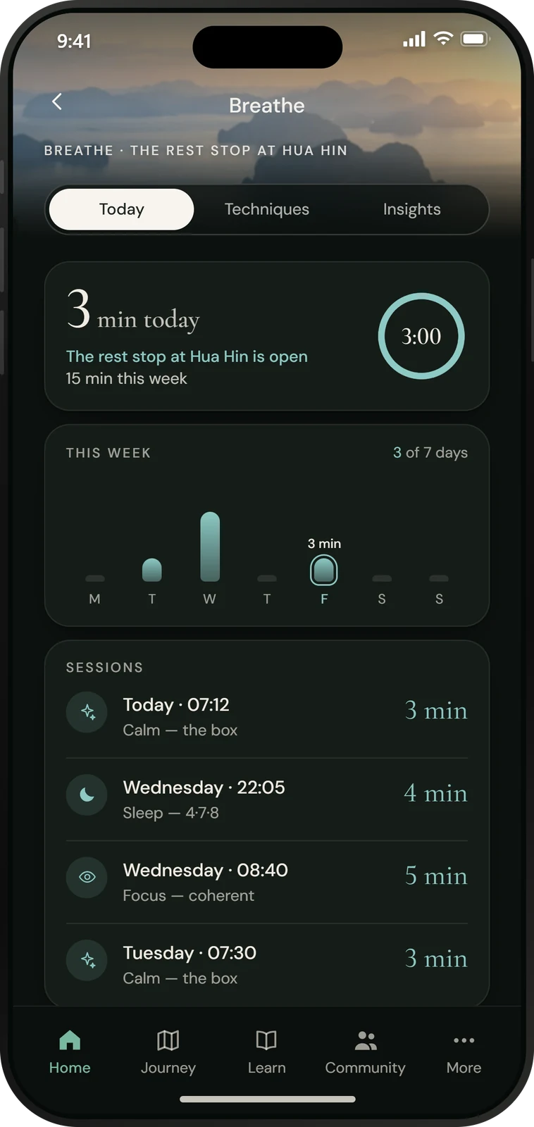 The Breathe screen: three minutes today, and the rest stop at Hua Hin is open.