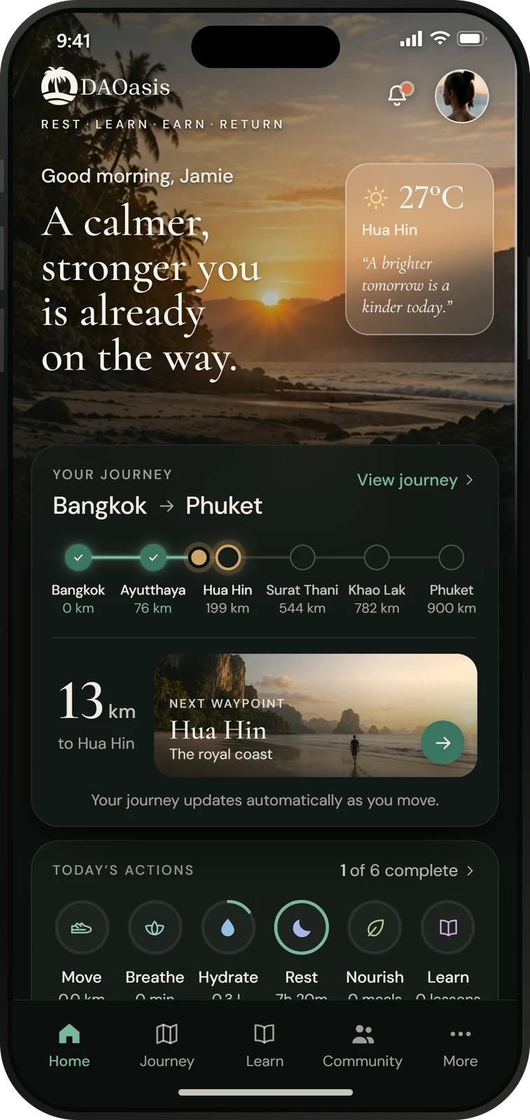 The home screen in the morning: the day's six actions as tiles, and the journey so far