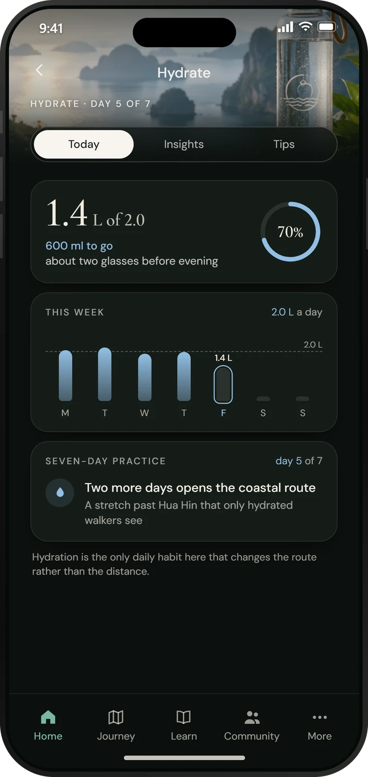 The Hydrate screen: one point four of two litres, two more days opening the coastal route.