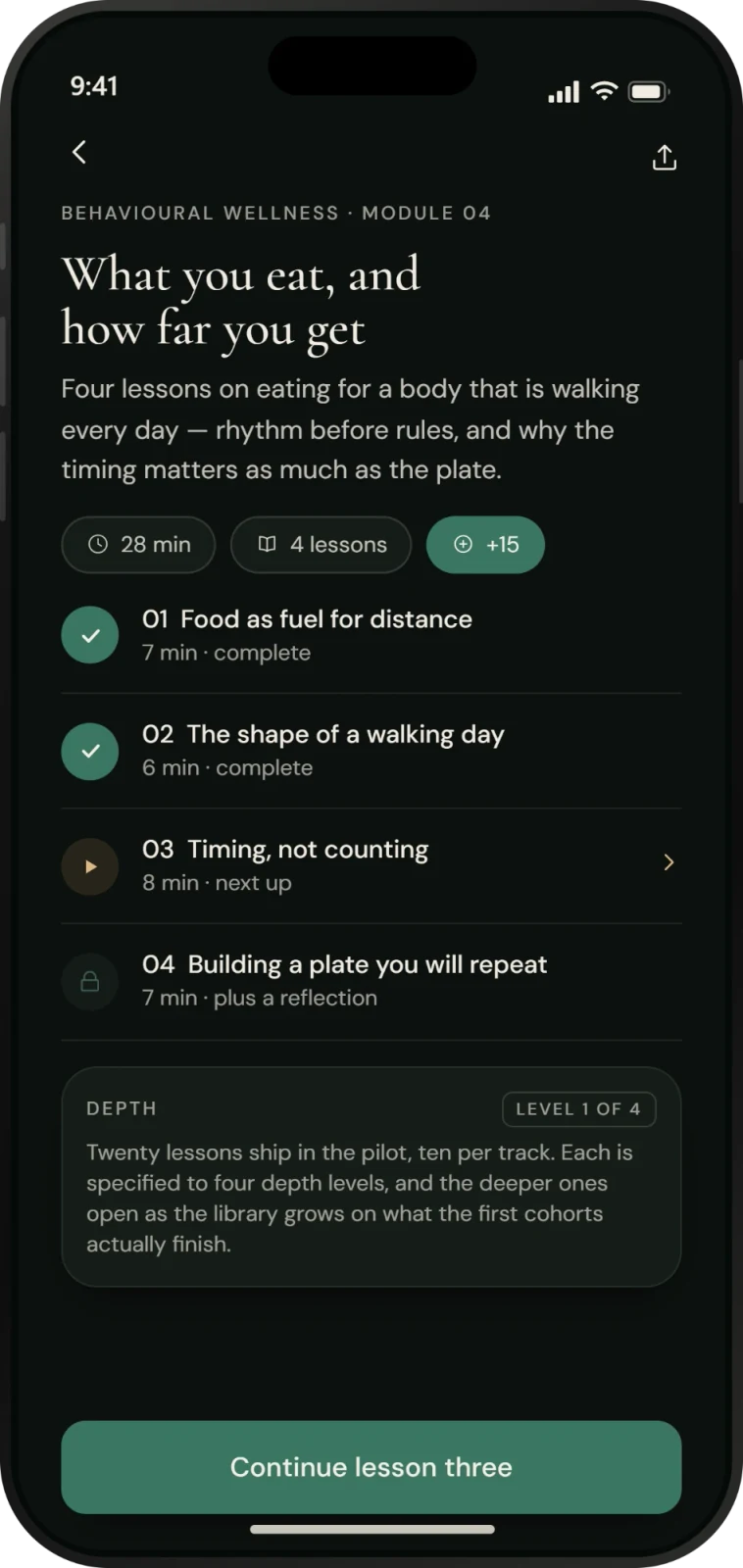 A learning module in the DAOasis app, showing four lessons with two completed.