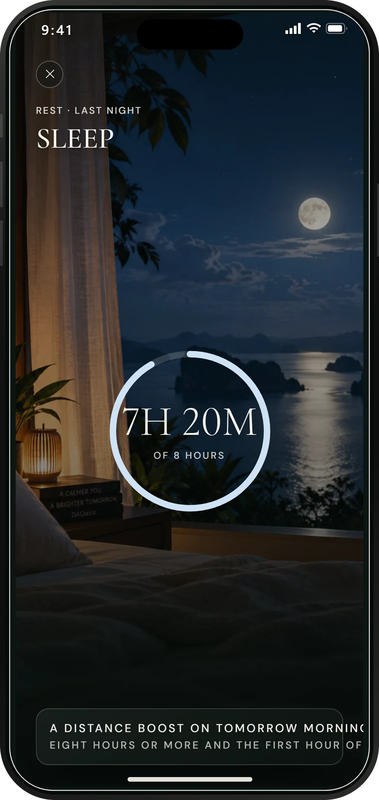 The Rest screen: seven hours twenty of eight, and the distance boost it buys tomorrow.